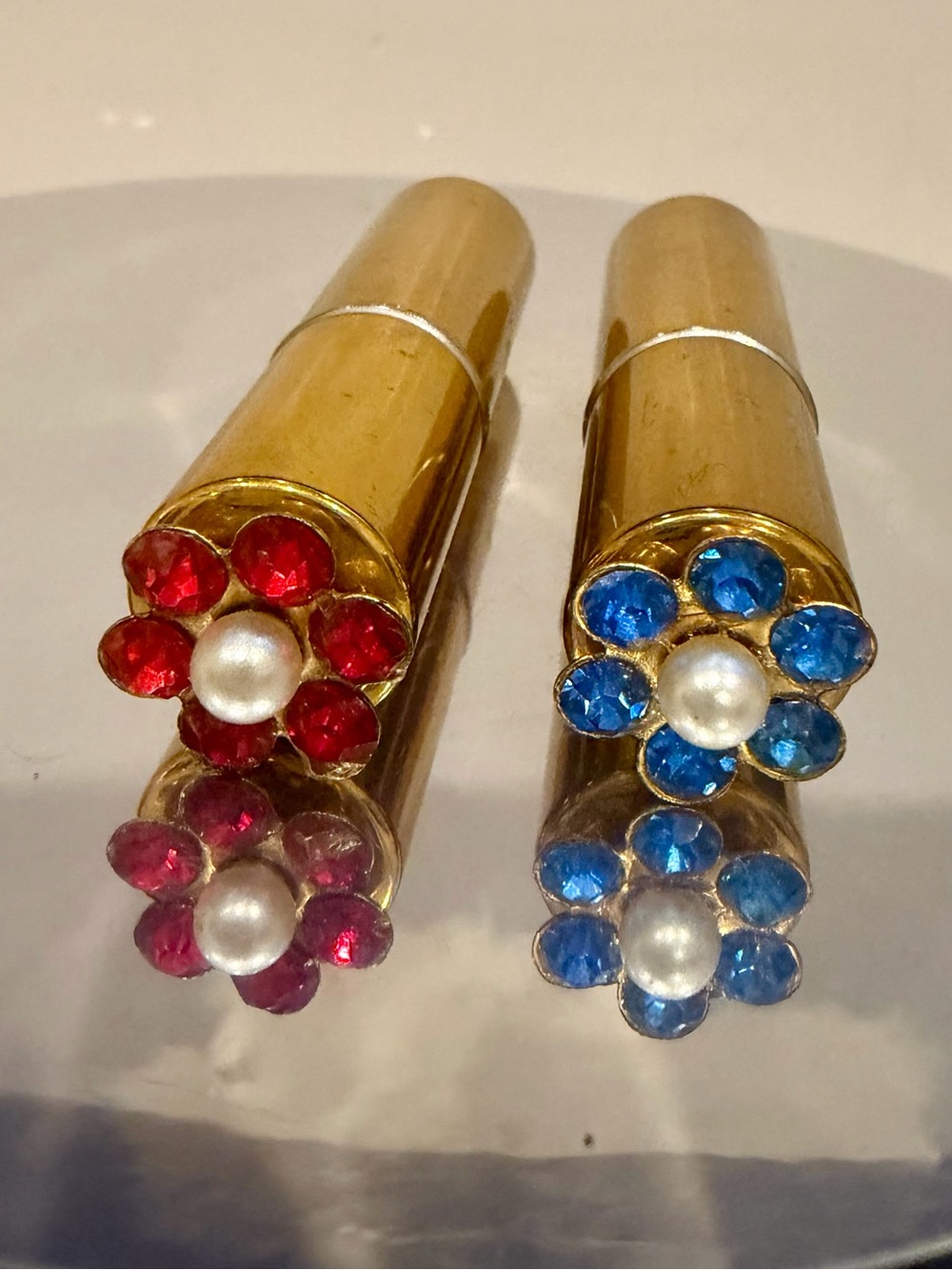 Vintage New Old Stock Hy-Glo Lipstick Brass Lighters 1 Red 1 Blue